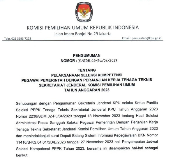 Pengumuman Pelaksanaan Seleksi Kompetensi PPPK Tenaga Teknis Setjen KPU